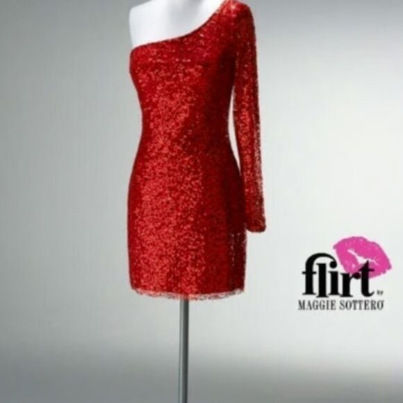 Red Sequin One Shoulder Dress by Maggie Sottero - Size 6 - Picture 1 of 1